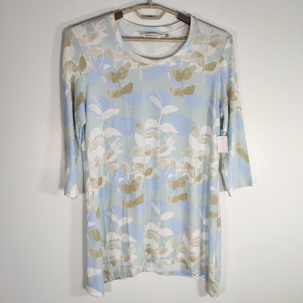 NWT Soft Surroundings Tranquil Tunic Blue Leaf Print Shark Bite Hem Size Large